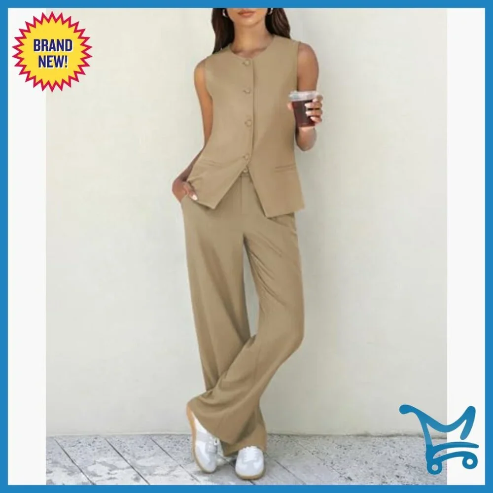 Sleeveless Vest and Wide Leg Pants Suit Set, Business Casual, Travel Blazer